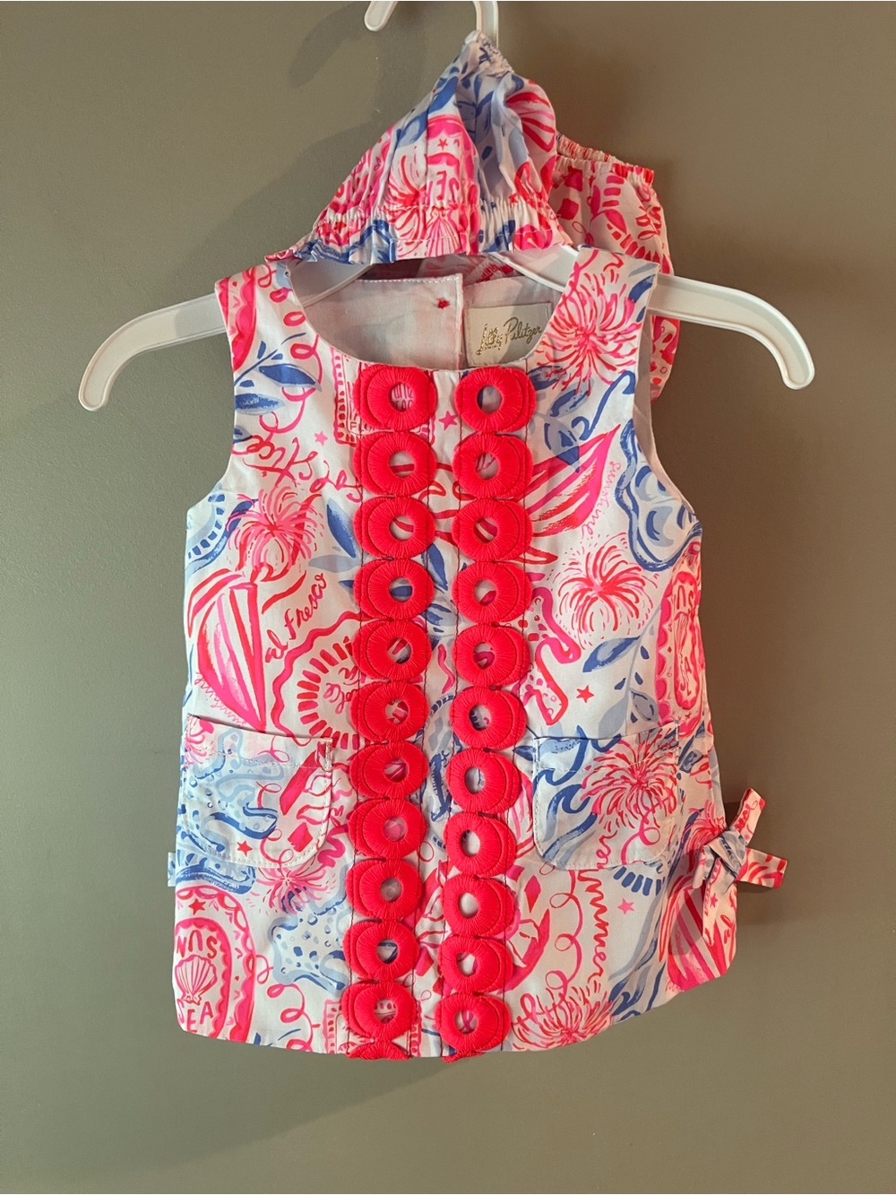 Lilly Pulitzer Pink & Blue Printed Baby Shift with Coral Lace Trim